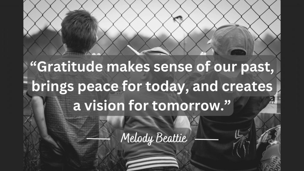 Quote about being grateful by Melody Beattie, Gratitude makes sense of our past, brings peace for today, and creates a vision for tomorrow